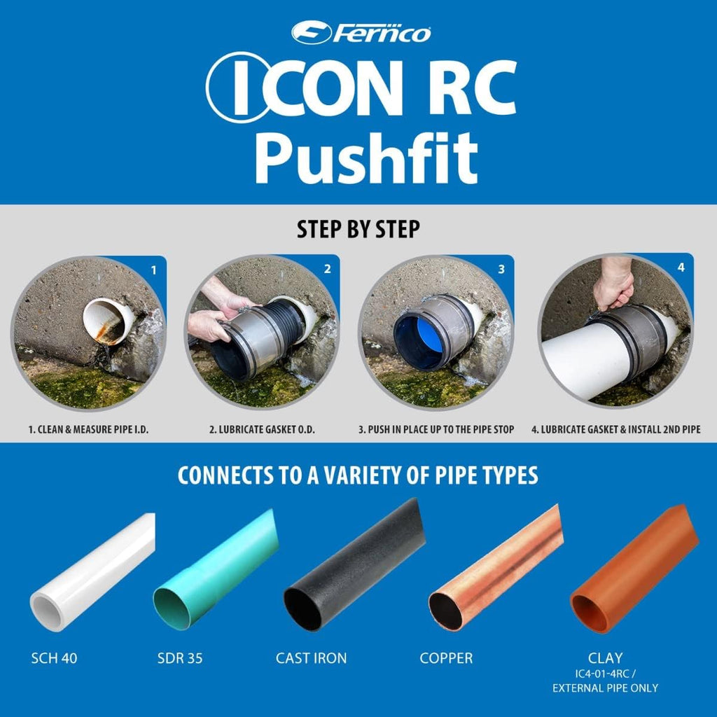 Fernco 4" ICON RC Pushfit DWV Coupling Sheared Off Pipe Connector with Shielded Coupler, Plastic, Cast Iron and Copper