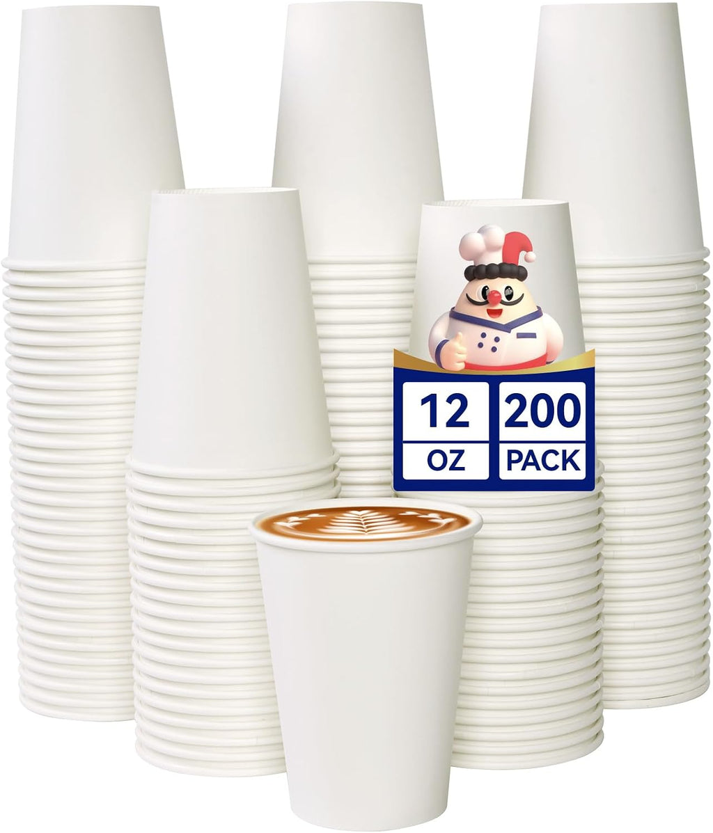 12 oz Coffee Cups, White Paper Cups 200 Count Leak-Proof