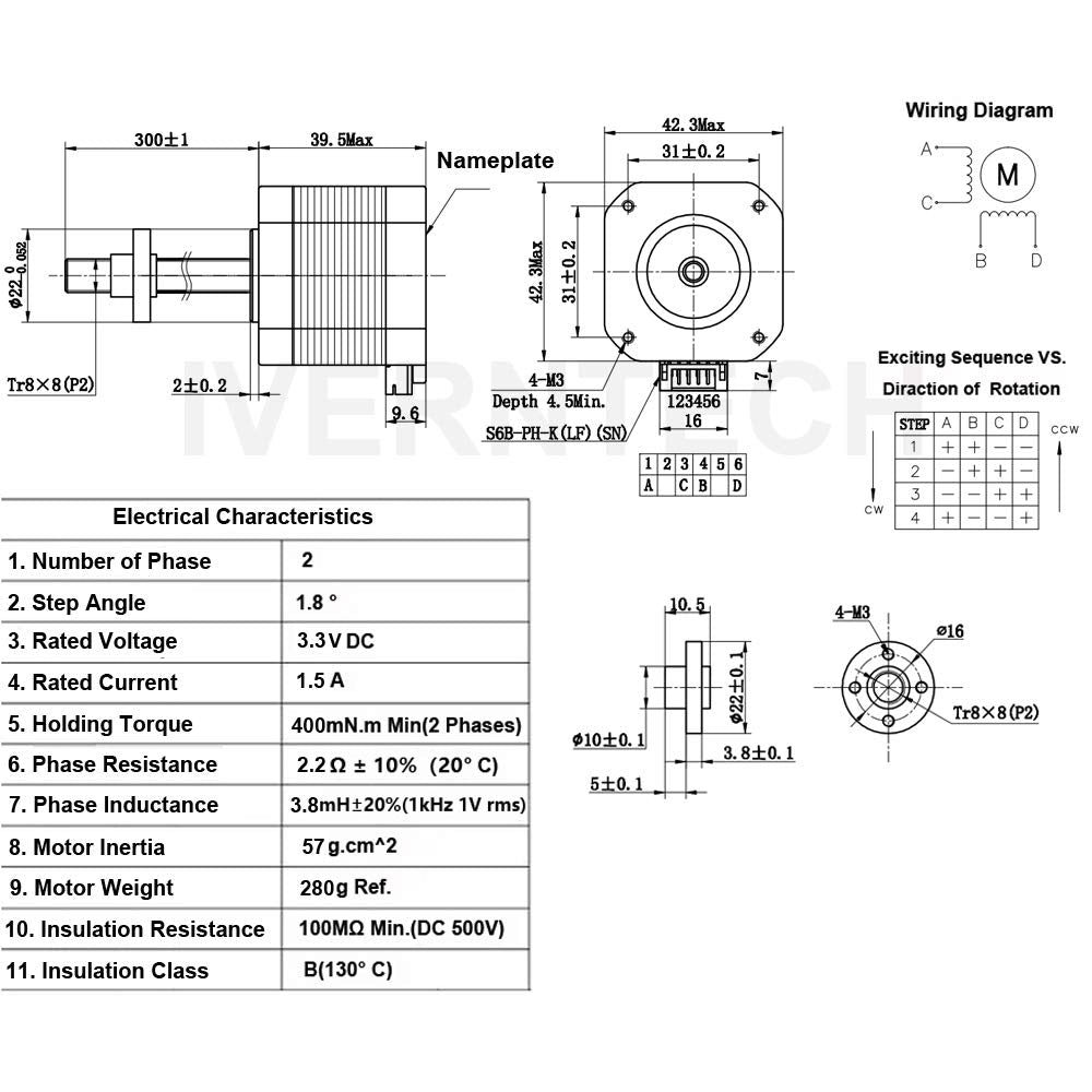 NEMA 17 Stepper Motor 42-40 with Integrated 300mm T8 Lead Screw