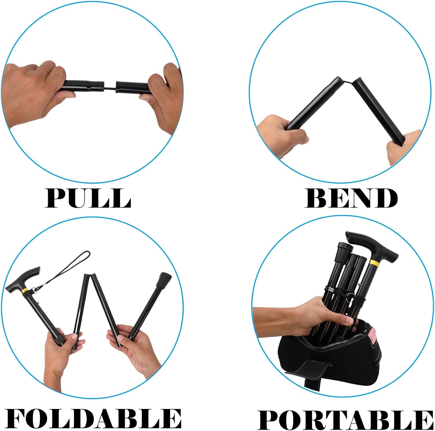Folding Lightweight Walking Stick - Adjustable Aluminum Metal Collapsible Travel Cane with Non-Slip Rubber Base