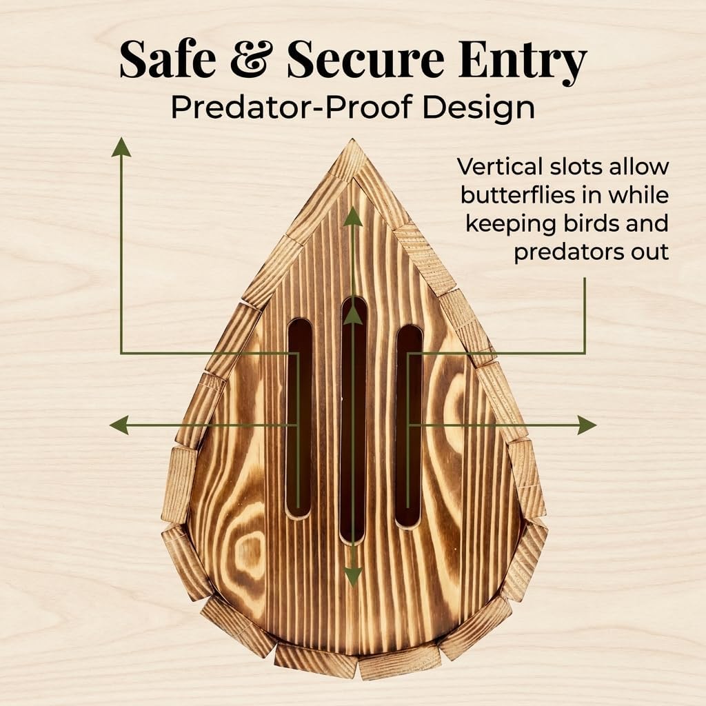 Teardrop Wooden Butterfly House, Hanging Outdoor Butterfly Shelter and Feeder with Rope for Garden Patio Yard Decor