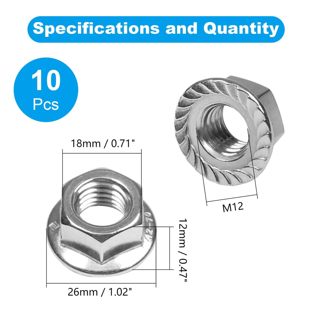 10 Pcs M12-1.75mm Serrated Flange Hex Nuts, 304 Stainless Steel