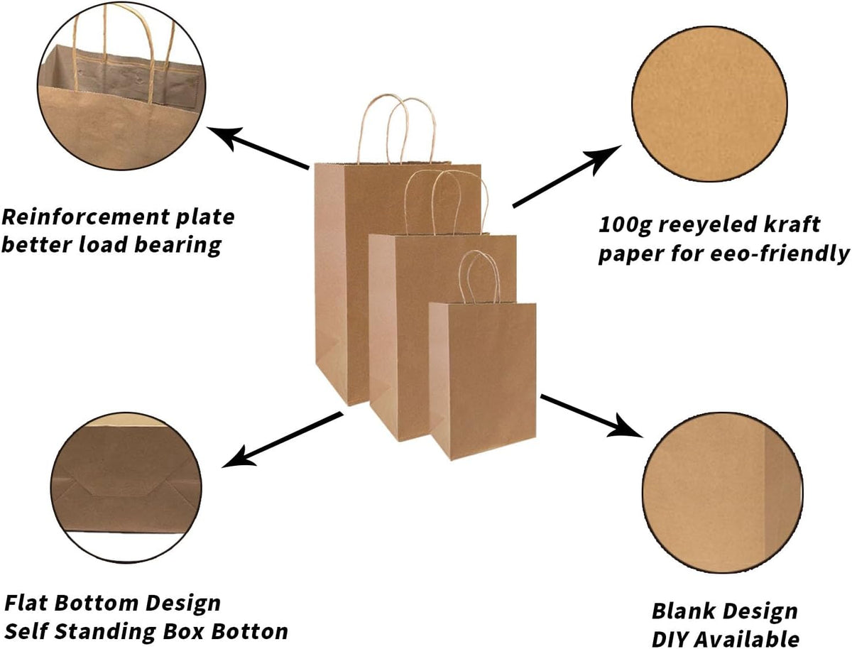 90-Pack Brown Kraft Paper Bags with Handles Bulk, Assorted Sizes Gift