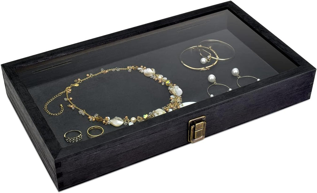 Wooden Jewelry Display Case with Tempered Glass Top, Dark Brown | Wood jewelry case with a tempered-glass lid and