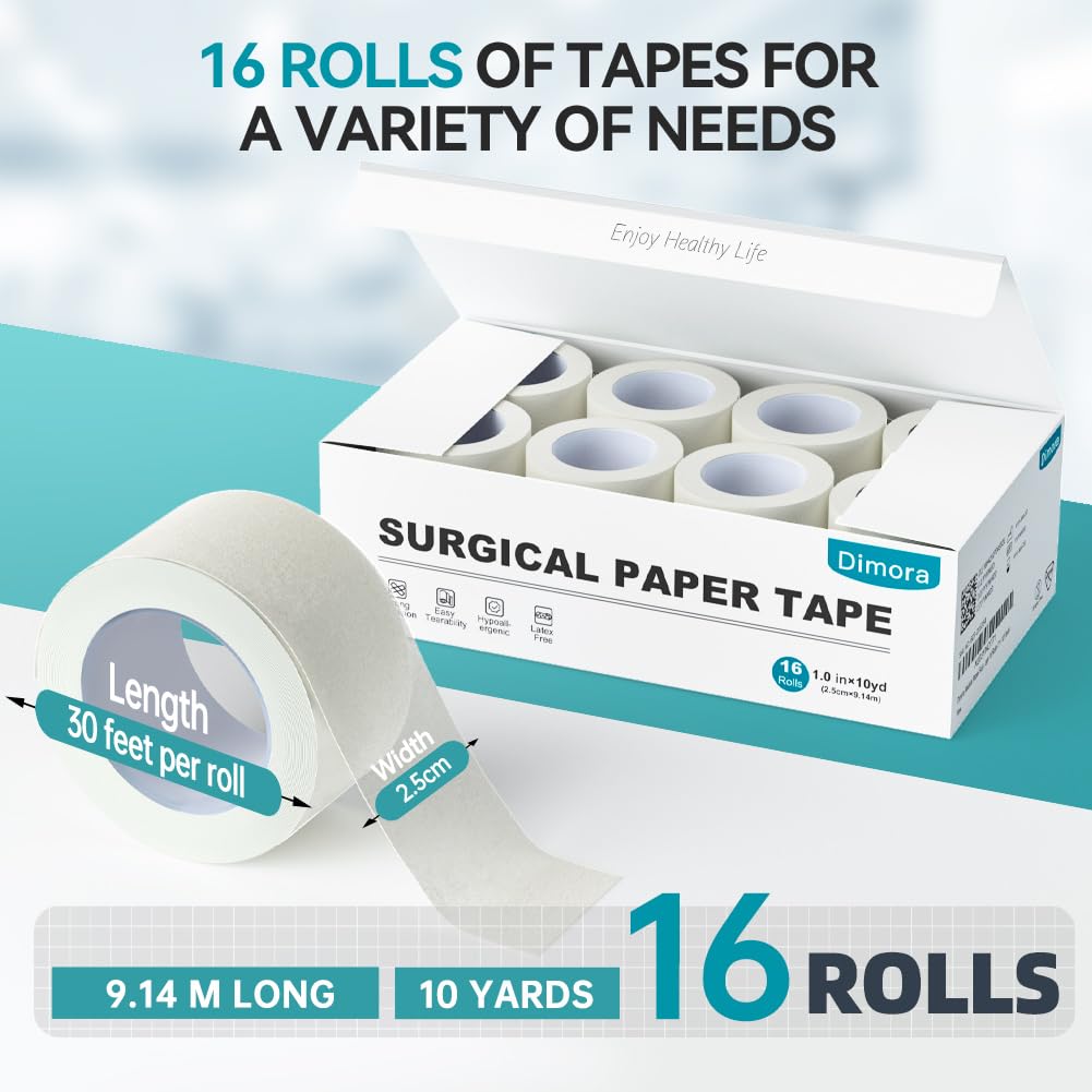 Paper Medical Tape 16 Rolls- Hypoallergenic White Surgical Tape for Sensitive Skin，Breathable First Aid Wound Tape