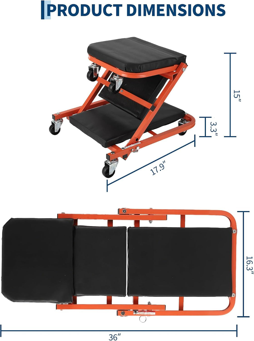 2-in-1 Folding Z-Style Mechanic Creeper Seat – Heavy Duty Garage Workshop Chair – 6 Swivel Wheels – 330 lbs Capacity
