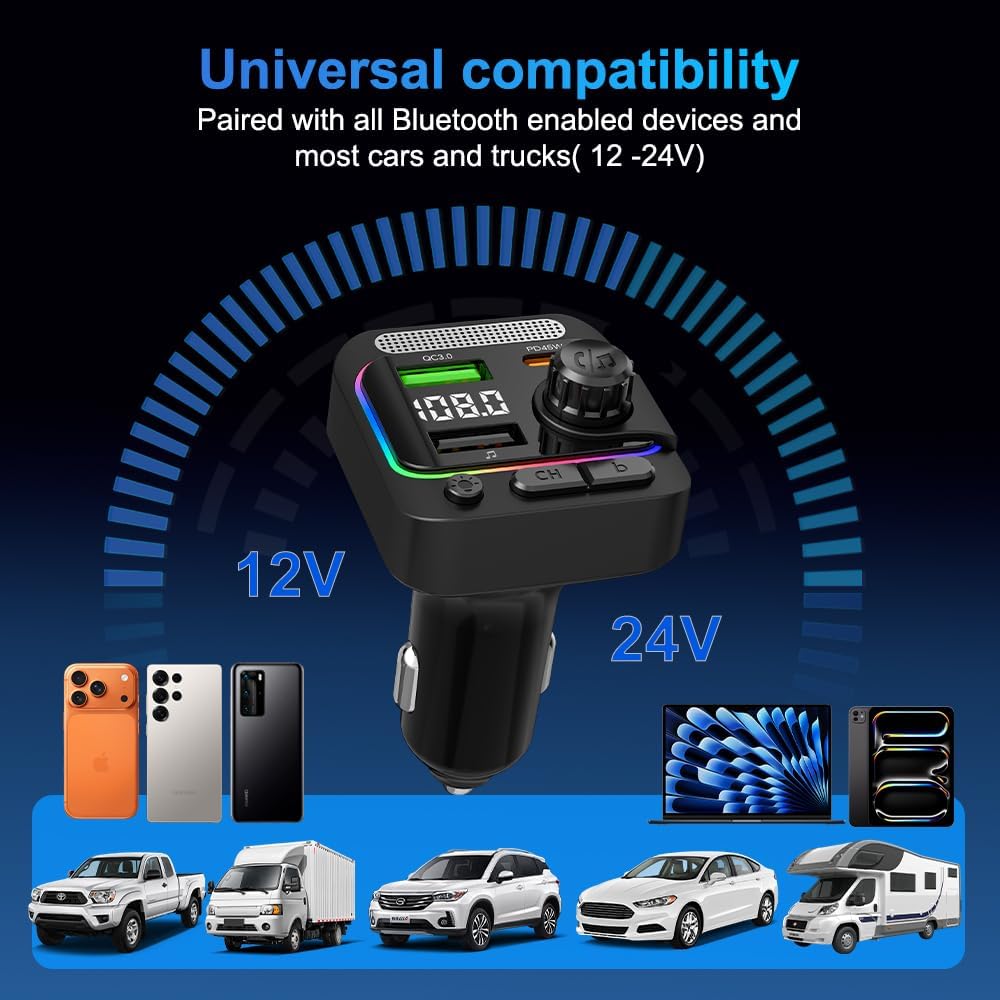 63W FM Transmitter Bluetooth Car Adapter, Wireless FM Bluetooth Transmitter | [PD 45W & QC3.0] Fast Charge, Deep Bass