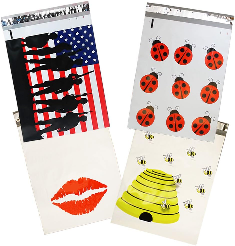 10x13 inch Designer Poly Mailers, Bees, Flags, Lips, Ladybugs (40 Mix Variety Pack) Custom Printed Self Sealing