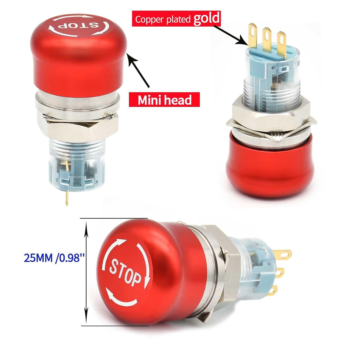 16mm /0.63" Latching Emergency Stop Push Button Switch SPDT Mushroom Stainless Steel Red with Wired Socket 120V 12V 5V-220V (16MM Small Head 1NO 1NC)