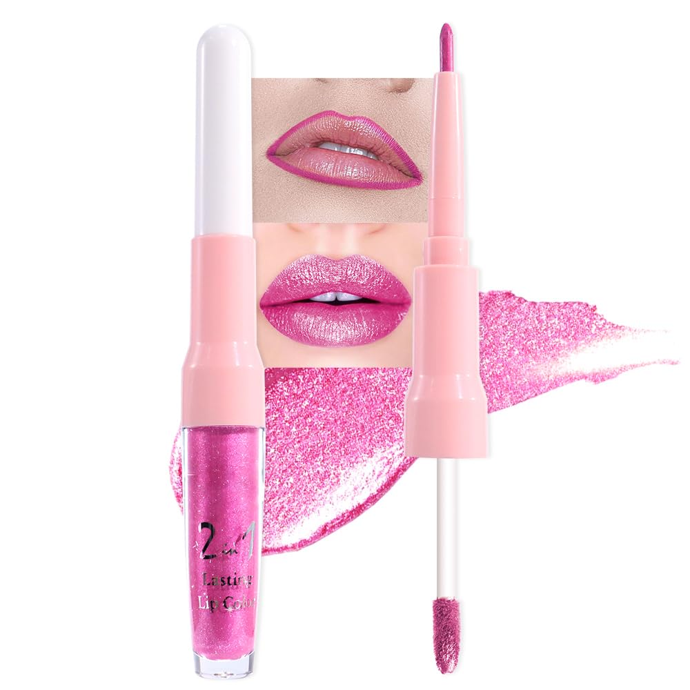 Hot Pink Metallic Glitter Lip Liner and Lipstick Combo Lip Gloss Stain Set Makeup for Women Long Lasting Waterproof