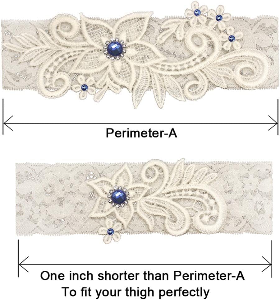 Wedding Garters for Bride Bridal Lace Garter Set with Blue Rhainstone Crystal