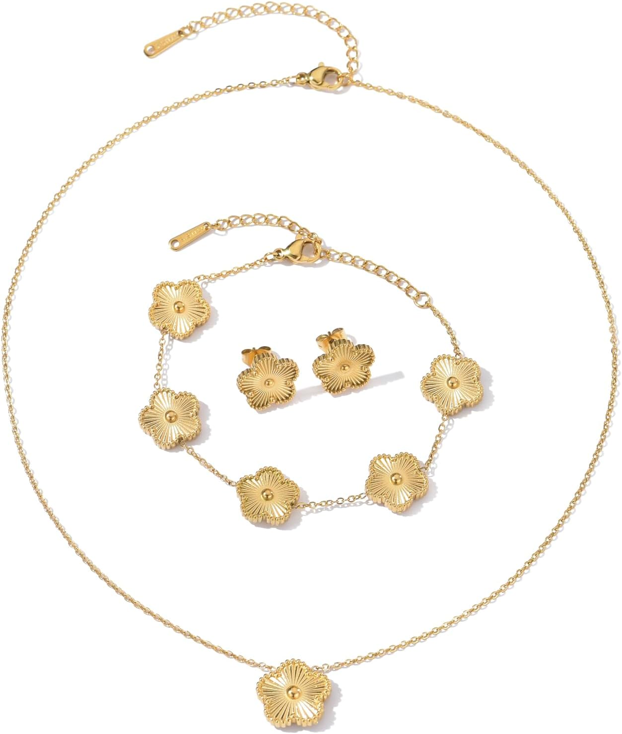 Clover Neckalce Earring Set for Women 14K Gold Plated Stainless Steel Four Leaf Clover Jewelry Set