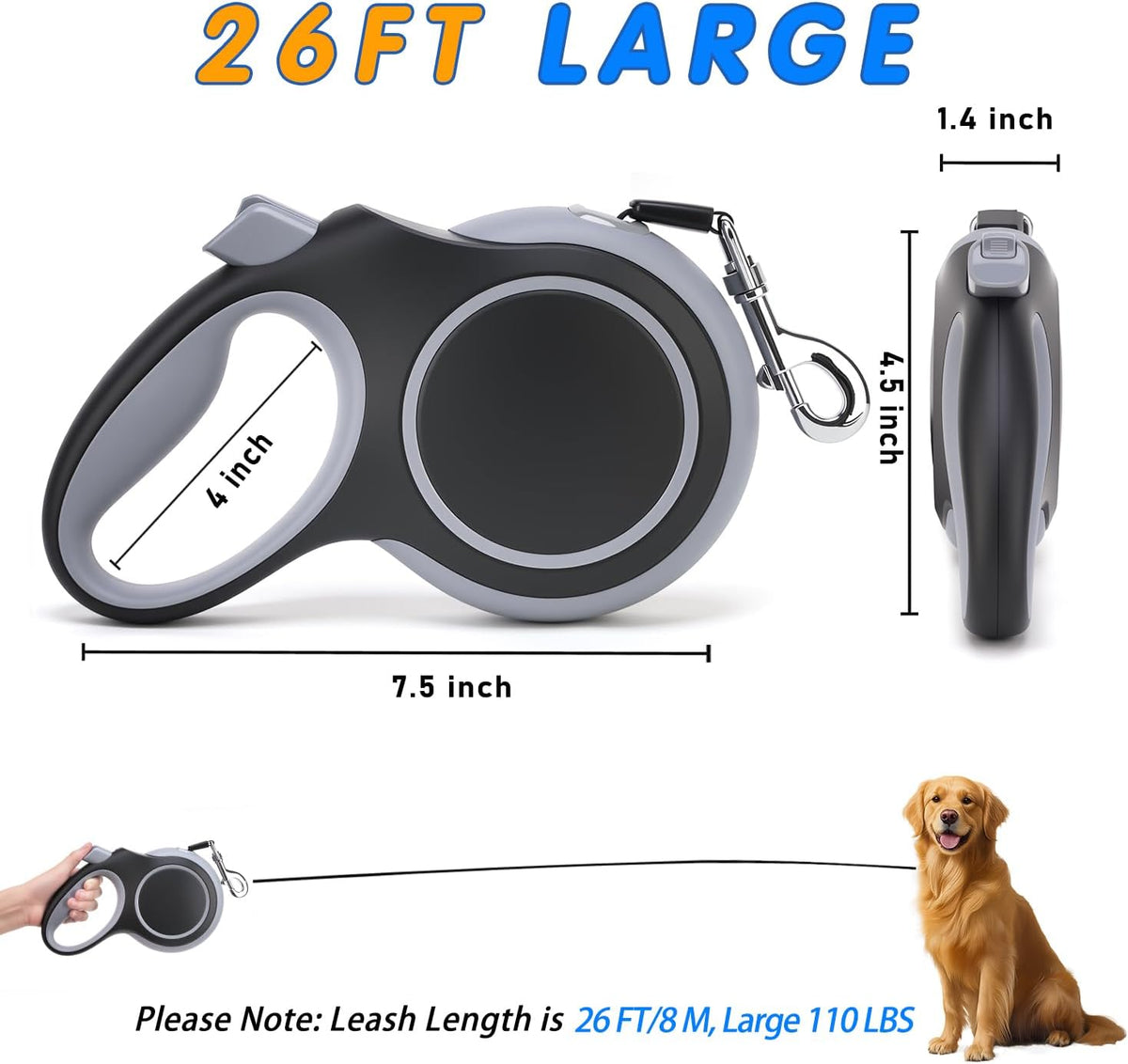Retractable Dog Leash 26 FT Tape for Medium Large Dogs up to 110 lbs
