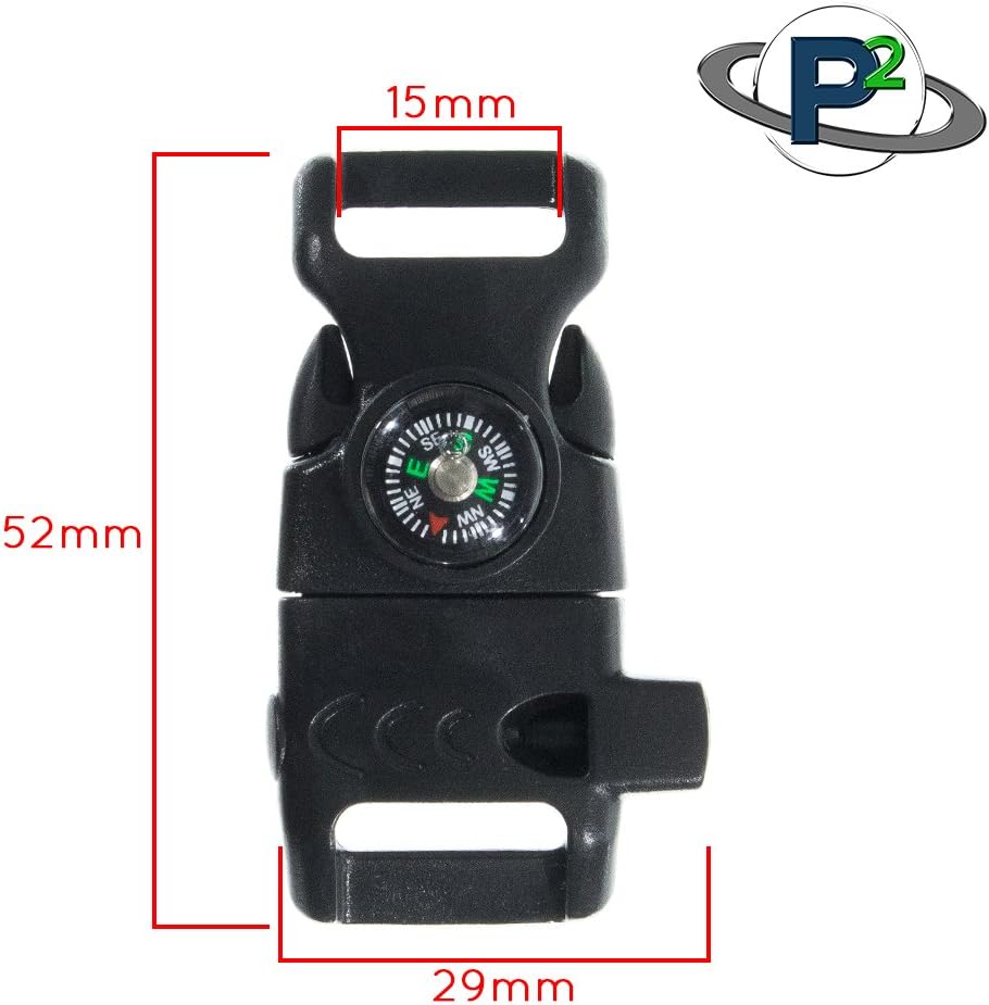 Black 5/8 Inch Compass Buckle with Flint Scraper, Fire Starter, and Whistle - Plastic Paracord Bracelet Buckle for