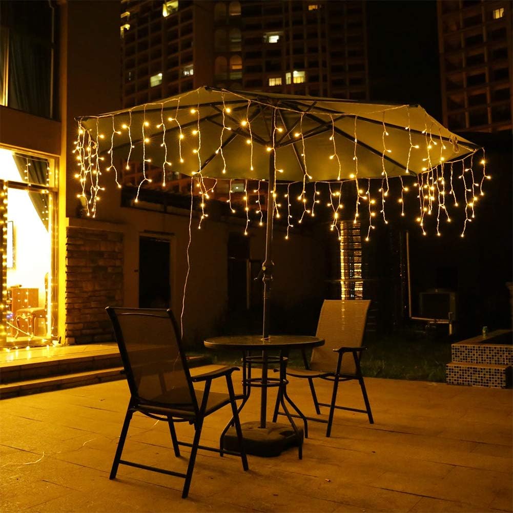 96 LED Icicle Lights for Outside,Warm White 11.4 FT Long | 16 Drops Connectable,8 Modes,Short Hanging Window String