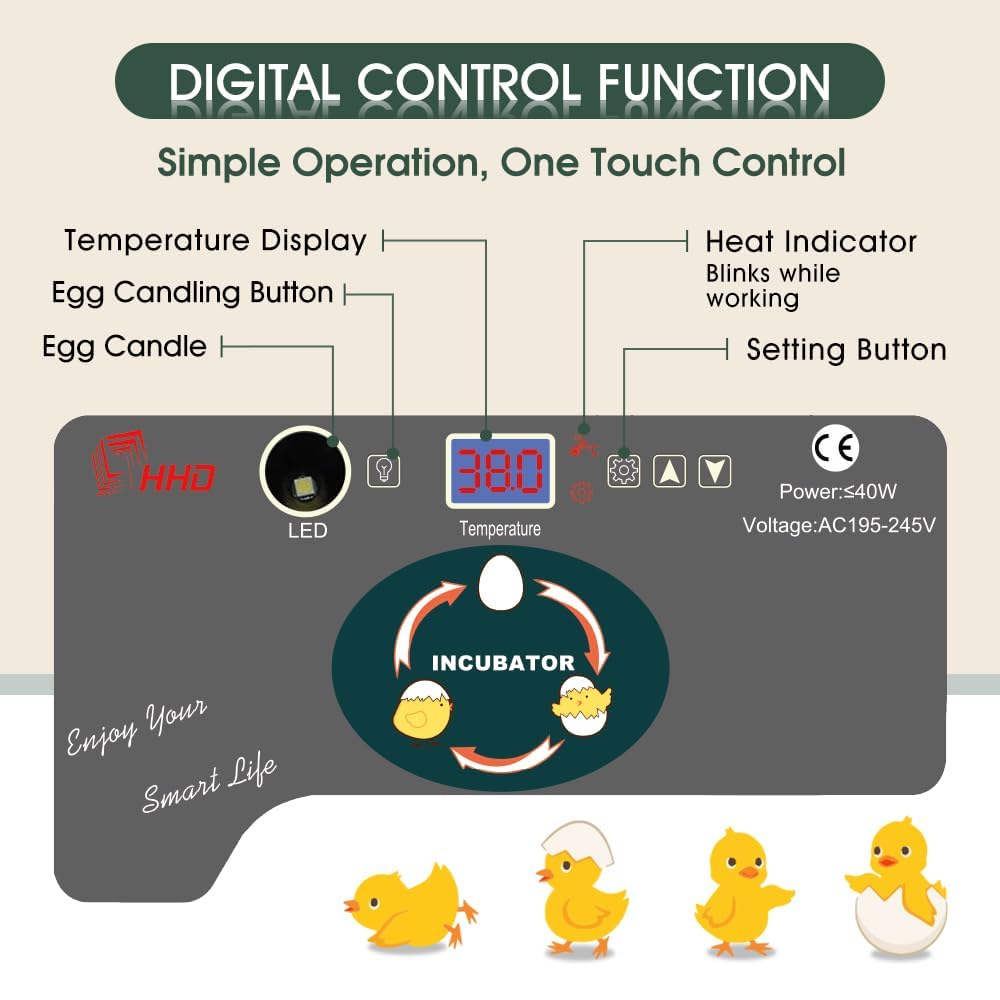 12 Egg Incubator - Automatic Egg Turner, Temperature Control, Built-in Candler, Auto Water Refill for Hatching