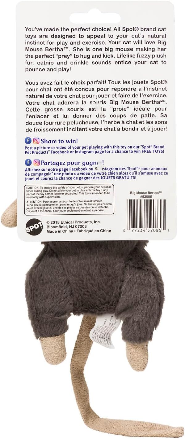 Big Mouse Bertha Cat Toy with Catnip – Lifelike Plush Mouse, Crinkle Sound, Large 7in Size, for Cuddling, Chasing