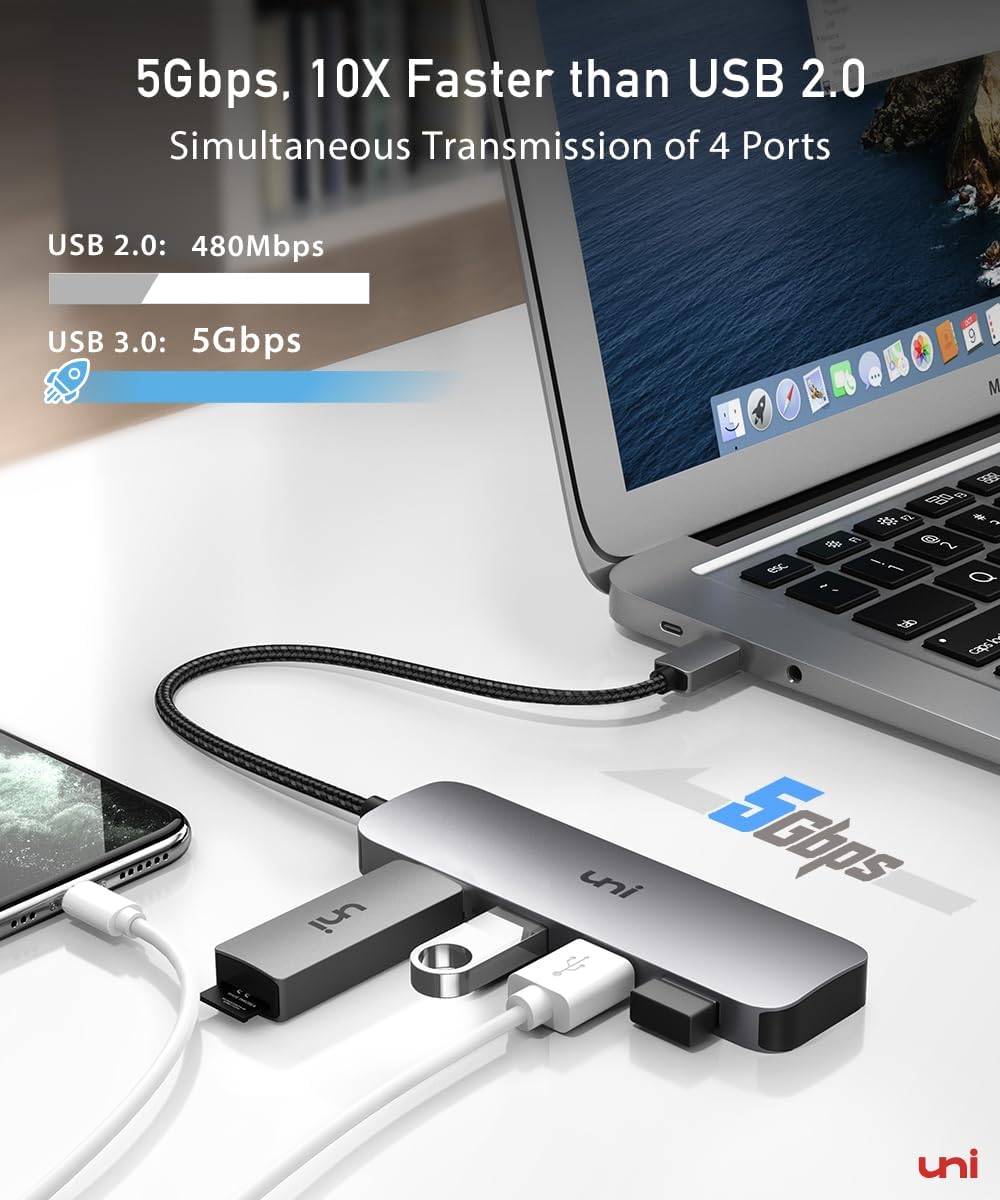 USB C to USB Hub Multiport Adapter, Aluminum 4 Ports USB C Splitter for Laptop, Slim Thunderbolt 3/4 Data USB Hub