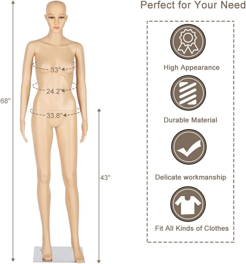 Female Mannequin Full Body Adjustable Torso Dress Form with Metal Base, 68inch, Detachable Plastic for Displays