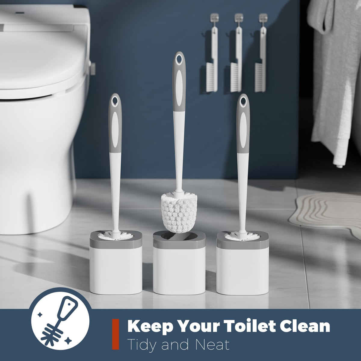 Toilet Brush and Holder Set, Space Saving, 3 Pack, White