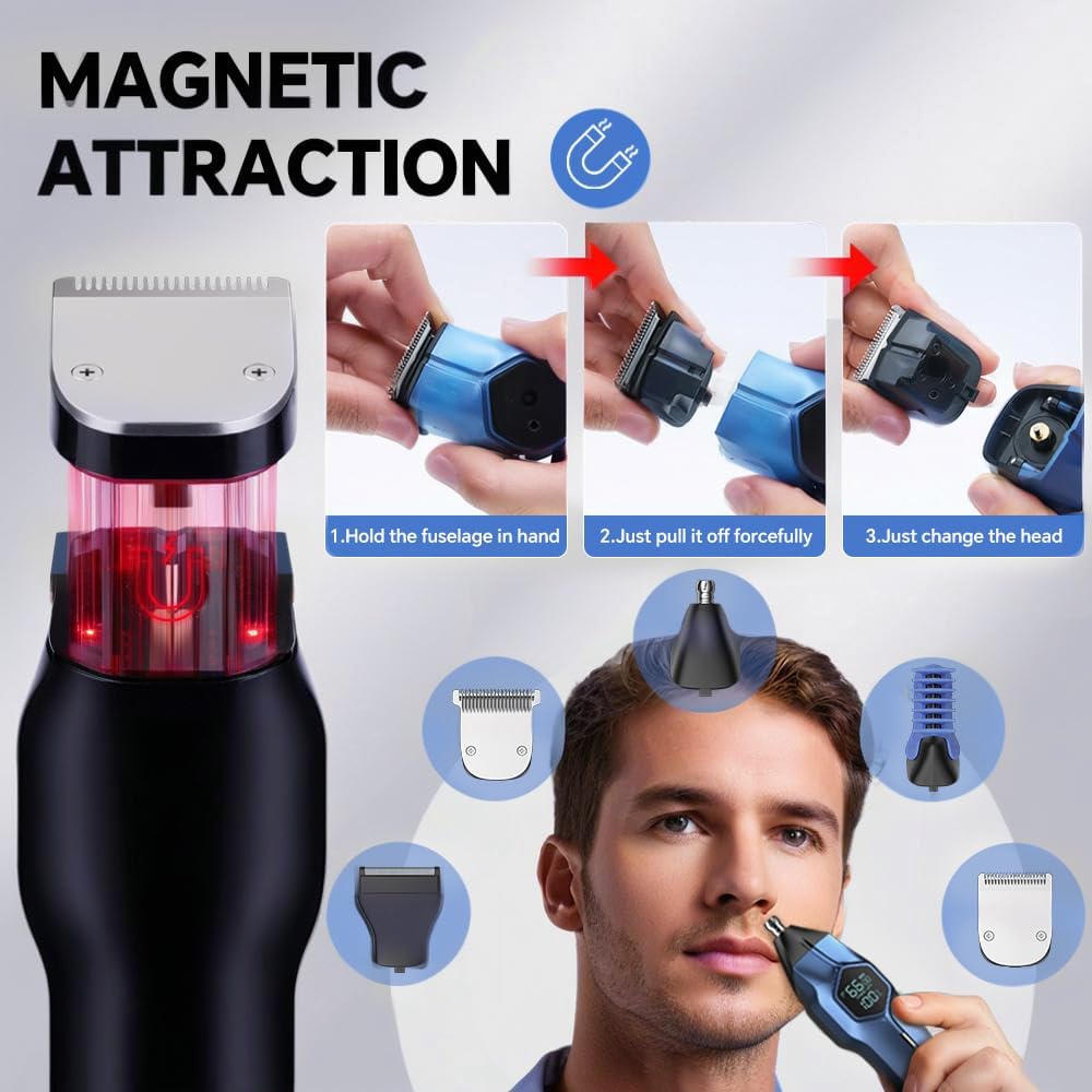 5-in-1 Electric Beard Trimmer Magnetic Replacement Heads, Professional Cordless Hair Clippers for Men Rechargeable