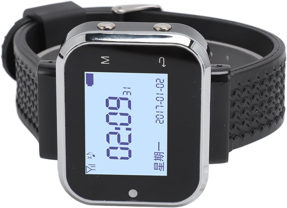 Wireless Calling System with 1 Watch Receiver and 5 Pagers, Rechargeable Queue Pager Alert for Restaurant, 100-240V Plug