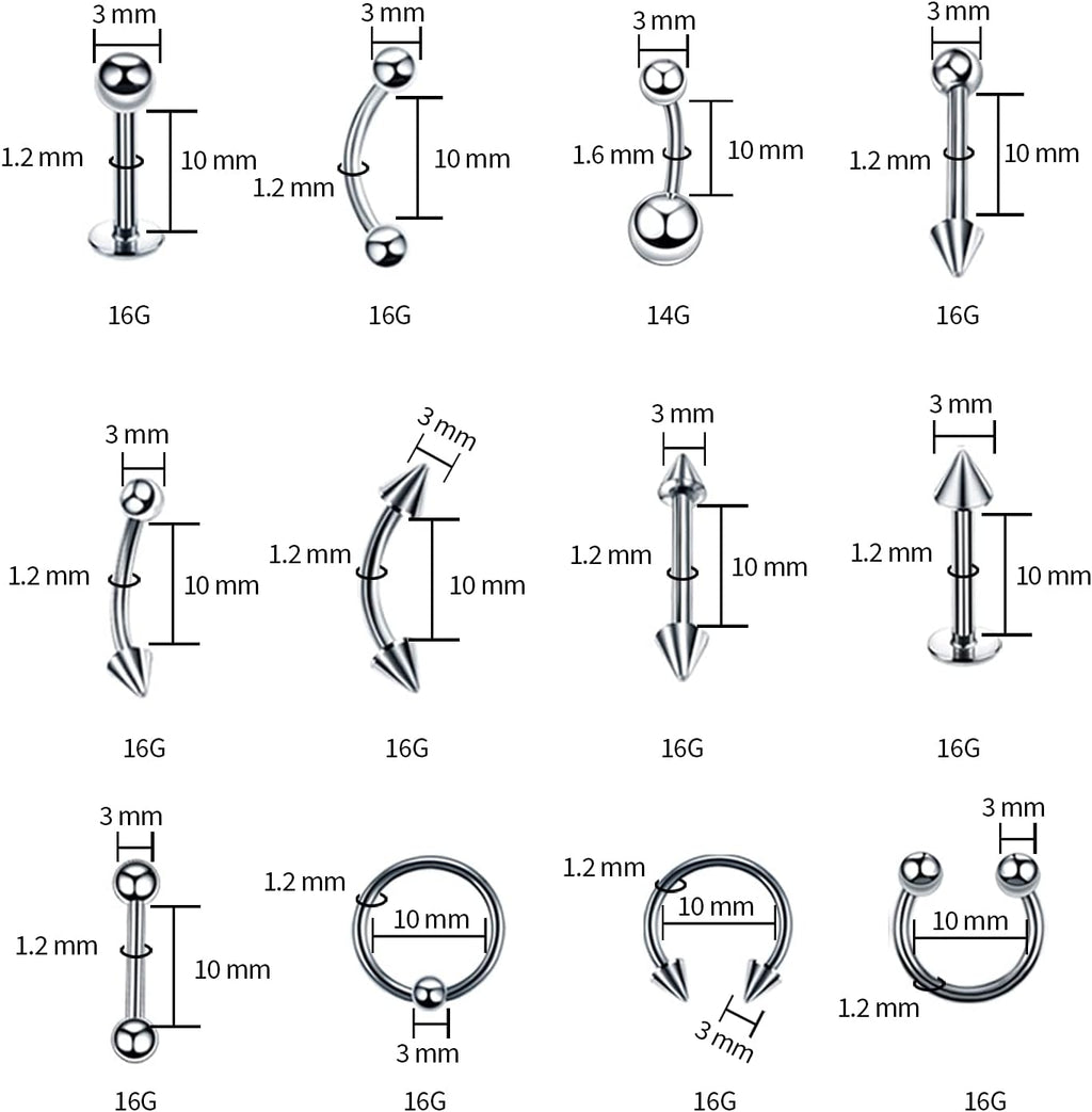 84+98+120PCS Body Septum Piercing Kit 14G 16G Tools for Nose Tongue Lip Ear Eyebrow Belly Button Cartilage Tragus