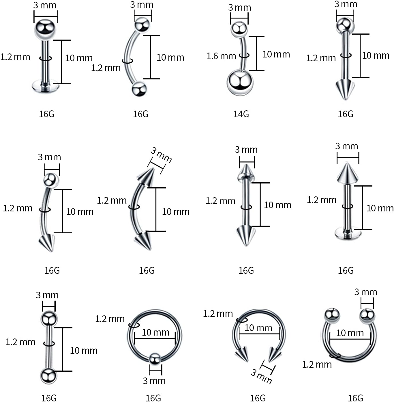84+98+120PCS Body Septum Piercing Kit 14G 16G Tools for Nose Tongue Lip Ear Eyebrow Belly Button Cartilage Tragus
