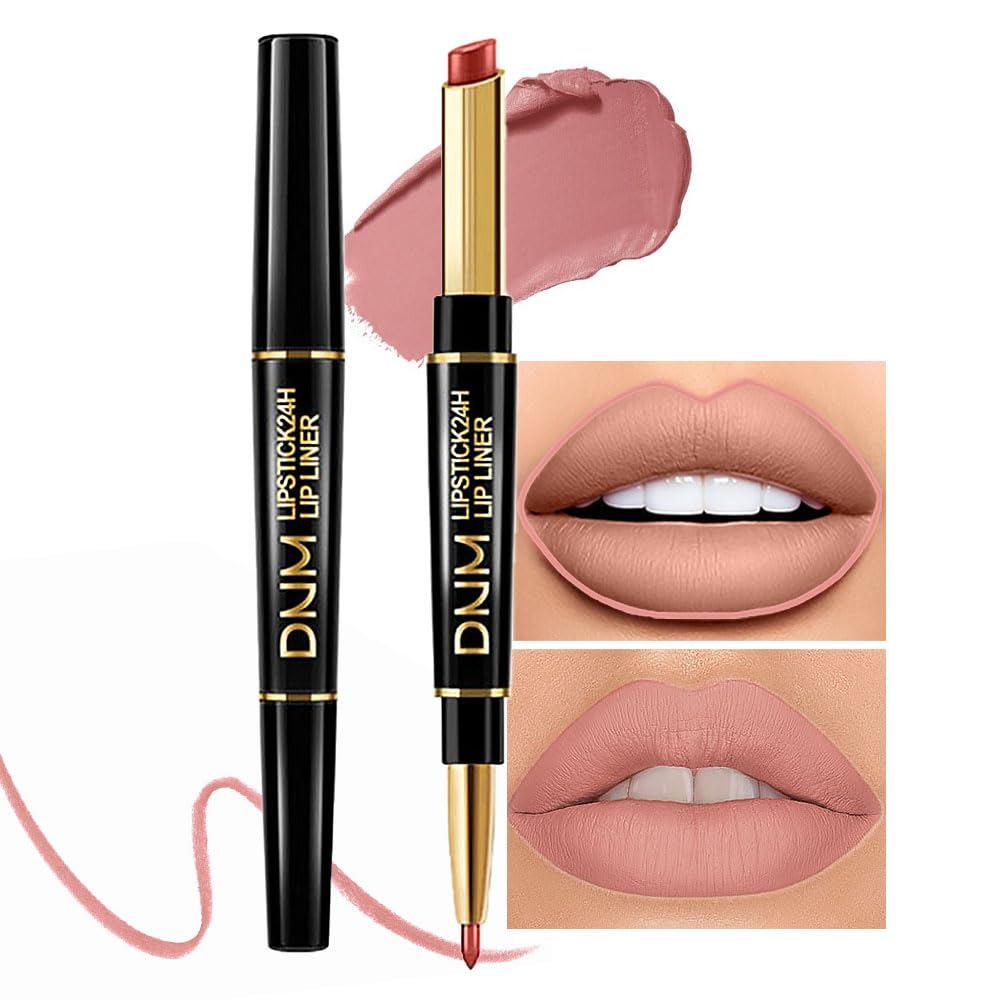 2-in-1 Peach Lip Liner & Lipstick Set Kit for Women, Matte Lips Kit with Lip Liner Lip Stains Long Lasting Waterproof