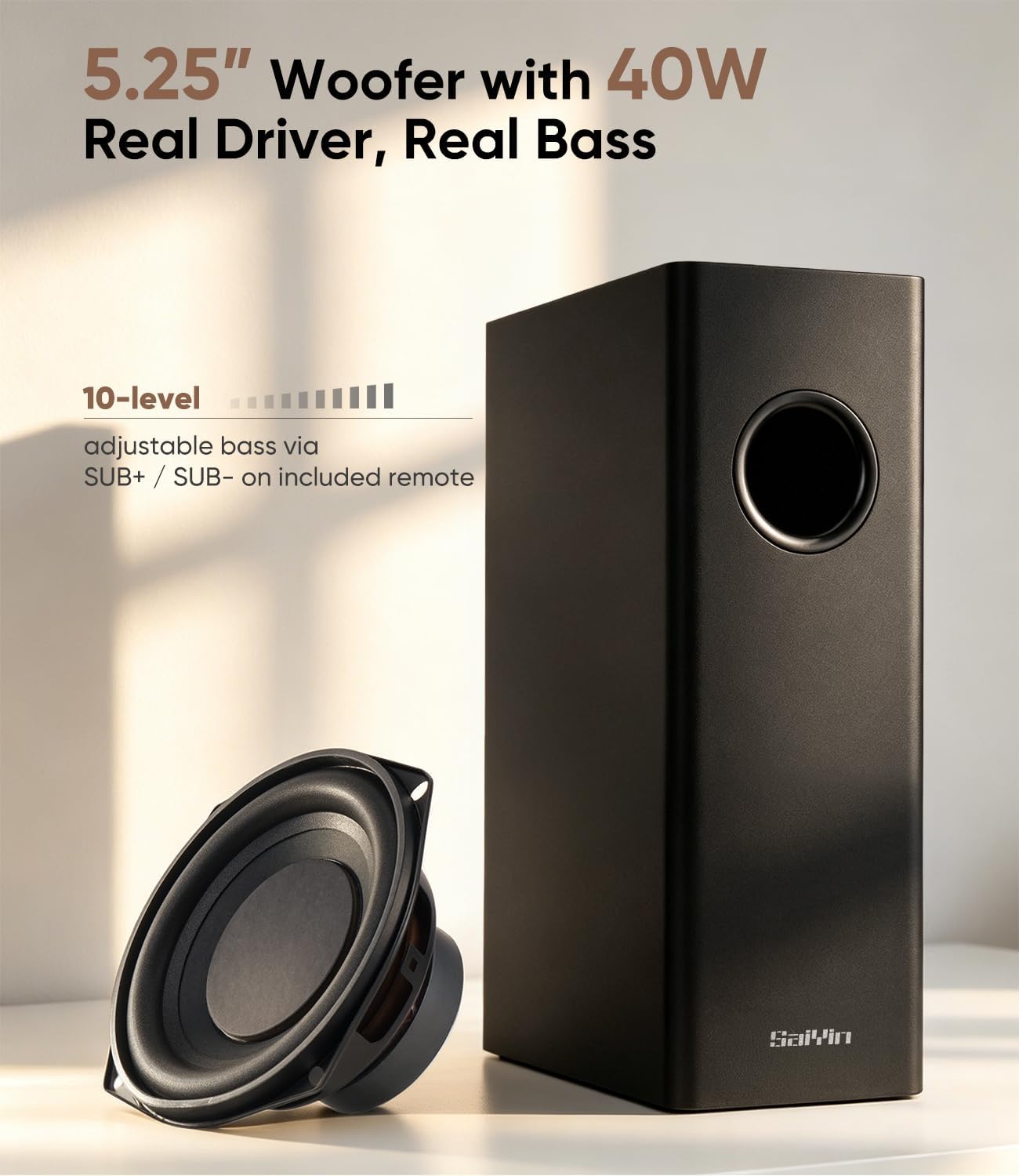 11.7" Sound Bar with Subwoofer, Deep Bass, Bluetooth/AUX/Optical | 5.25" Subwoofer, 88w Peak Power, Surround Sound