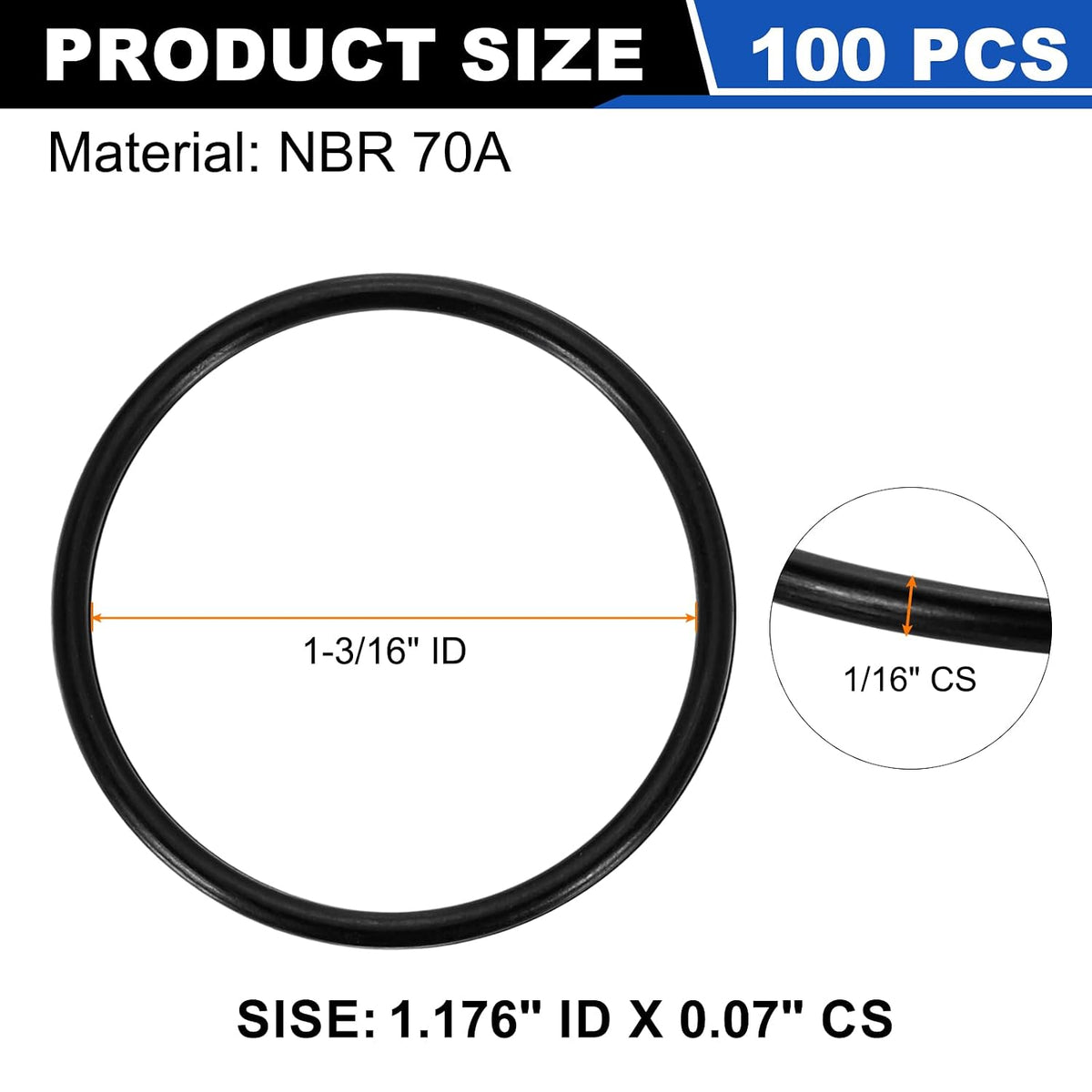 uxcell 100Pcs AS-025 NBR 70A O-Rings 1-3/16"ID x 1/16"CS/1.176"ID x 0.07"CS