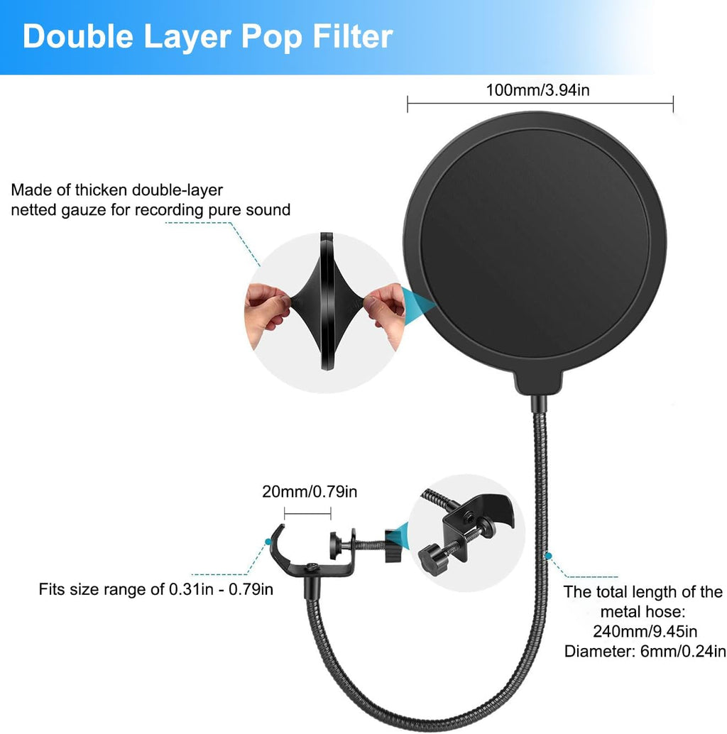 Mic Stand Desk, Table Mic Tripod Desktop Mic Stand Height Adjustable Small Microphone Stand for Desk with Pop Filter