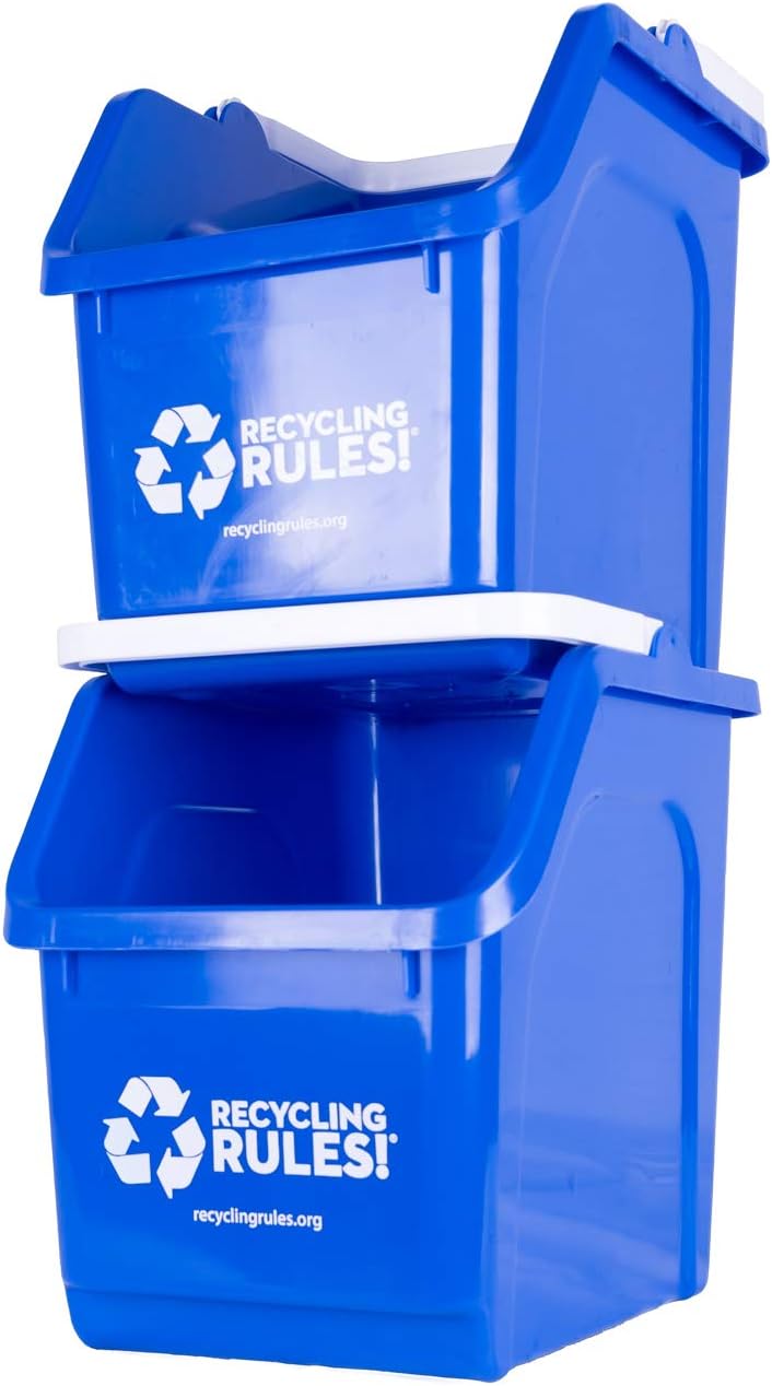 ! 6 Gallon Stackable Recycling Bin Container in Blue, Eco-Friendly BPA-Free Handy Recycler with Handle, 2-Pack