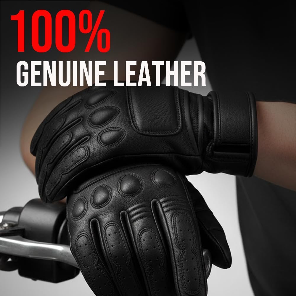 Motorcycle Gloves - Goatskin Leather, Touchscreen, Classic Vintage Design for Men Women, Anti-Slip Protective