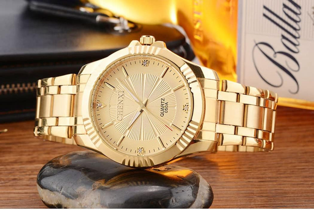 Diamante Dial Fashion Casual Mens Gold Watch Quartz Stainless Steel Water Resistant Wrist Watch