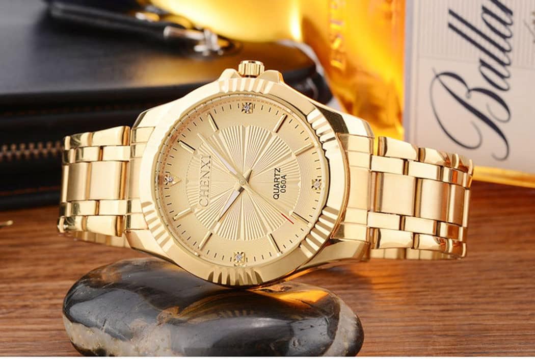 Diamante Dial Fashion Casual Mens Gold Watch Quartz Stainless Steel Water Resistant Wrist Watch