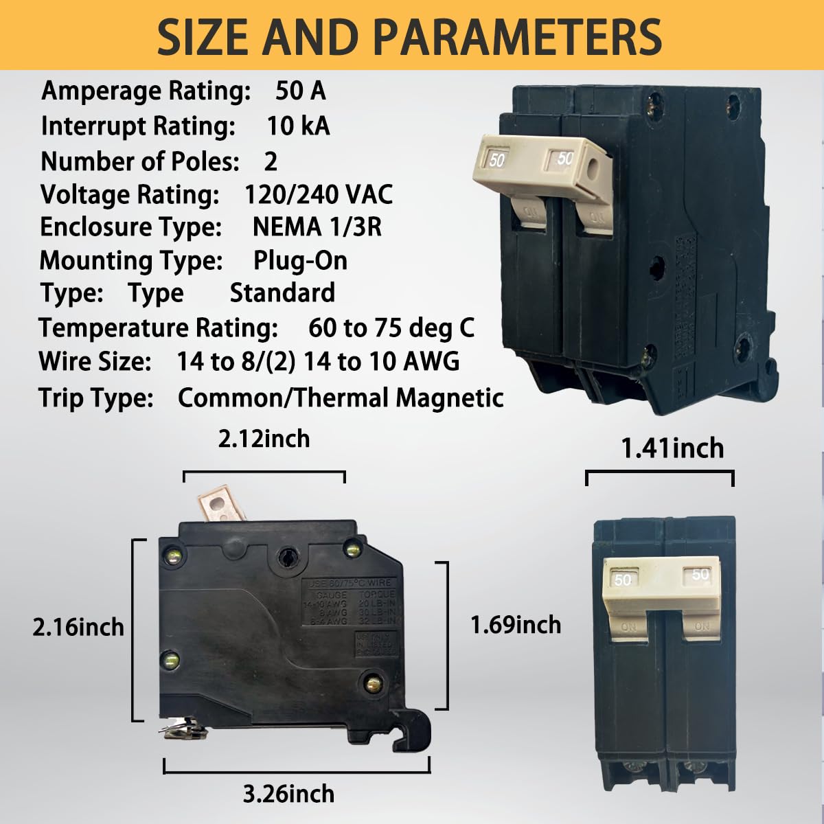 50 Amp 2-Pole Circuit Breaker, 3/4-Inch Plug-in Type Molded Case