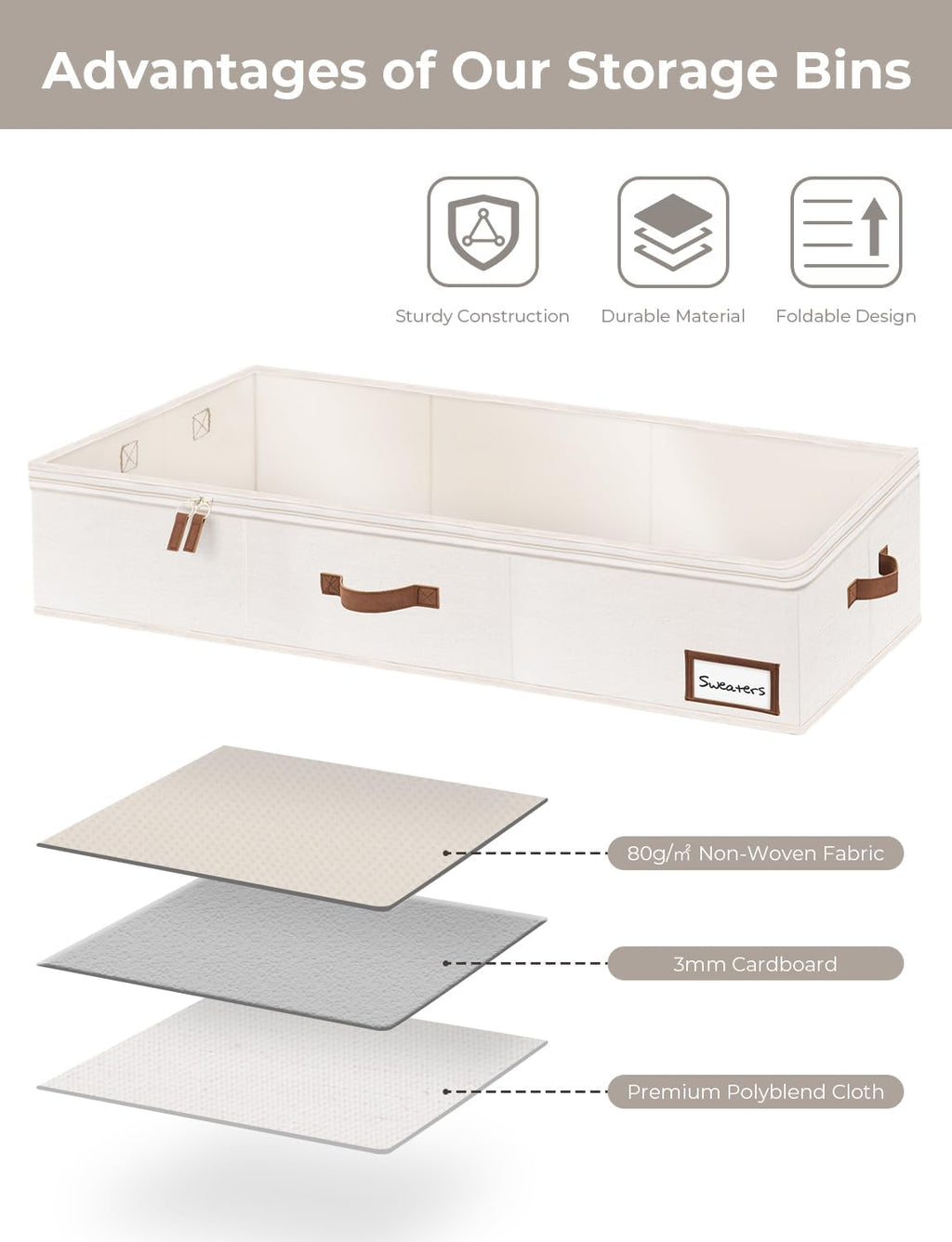Large Under Bed Storage Containers with Handles and Label Holder, 2 Pack Ultra-thick Fabric Underbed Bins, Closet