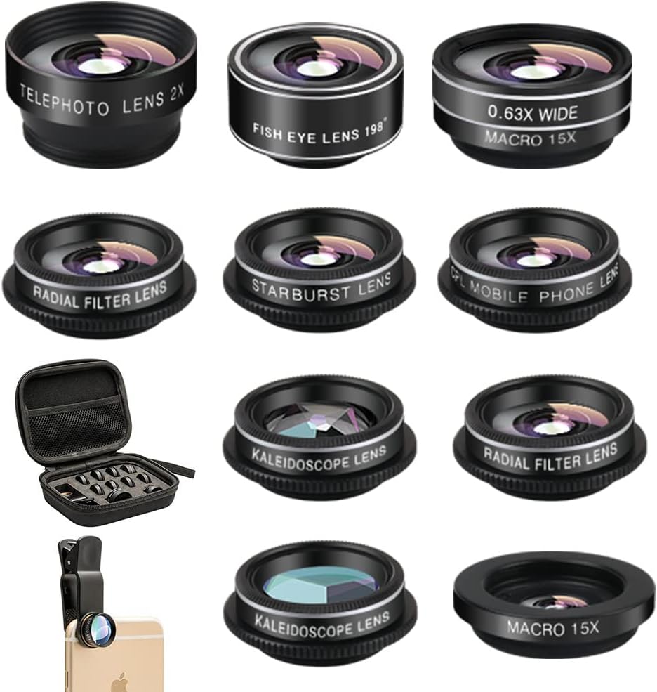 Phone Camera Lens (11 Lenses) Phone Lens Kit, Clip on Fisheye/Macro/Wide Angle Lens Attachment with Travel Case for