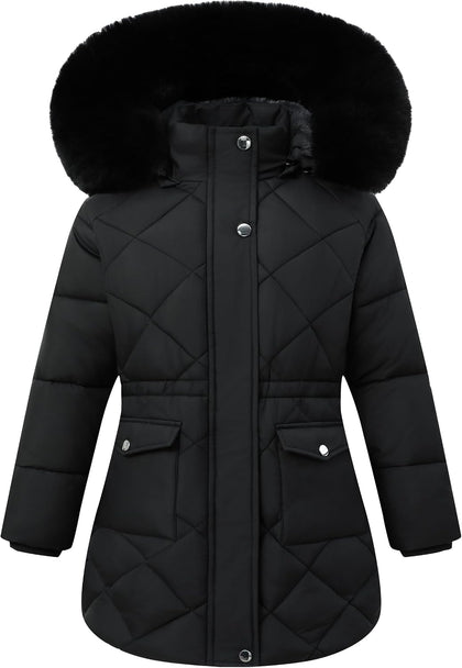 Girls Winter Waterproof Coats Hooded,Kid's Fleece-Lined Snow Parka Insulated Quilted Puffer Jacket