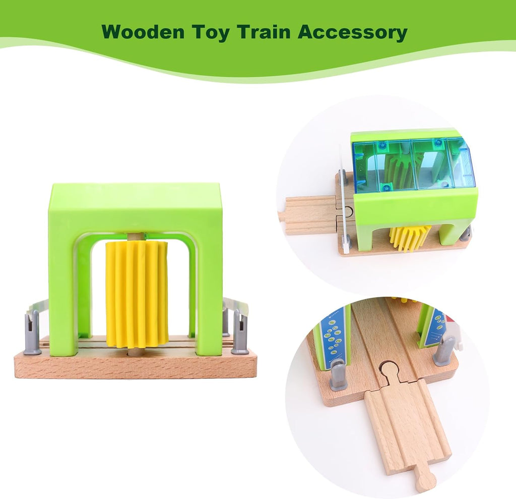 Wooden Car Wash Station with Train Truck,Expansion Pack Compatible with Railway Train Set,Wooden Toy Train Accessory