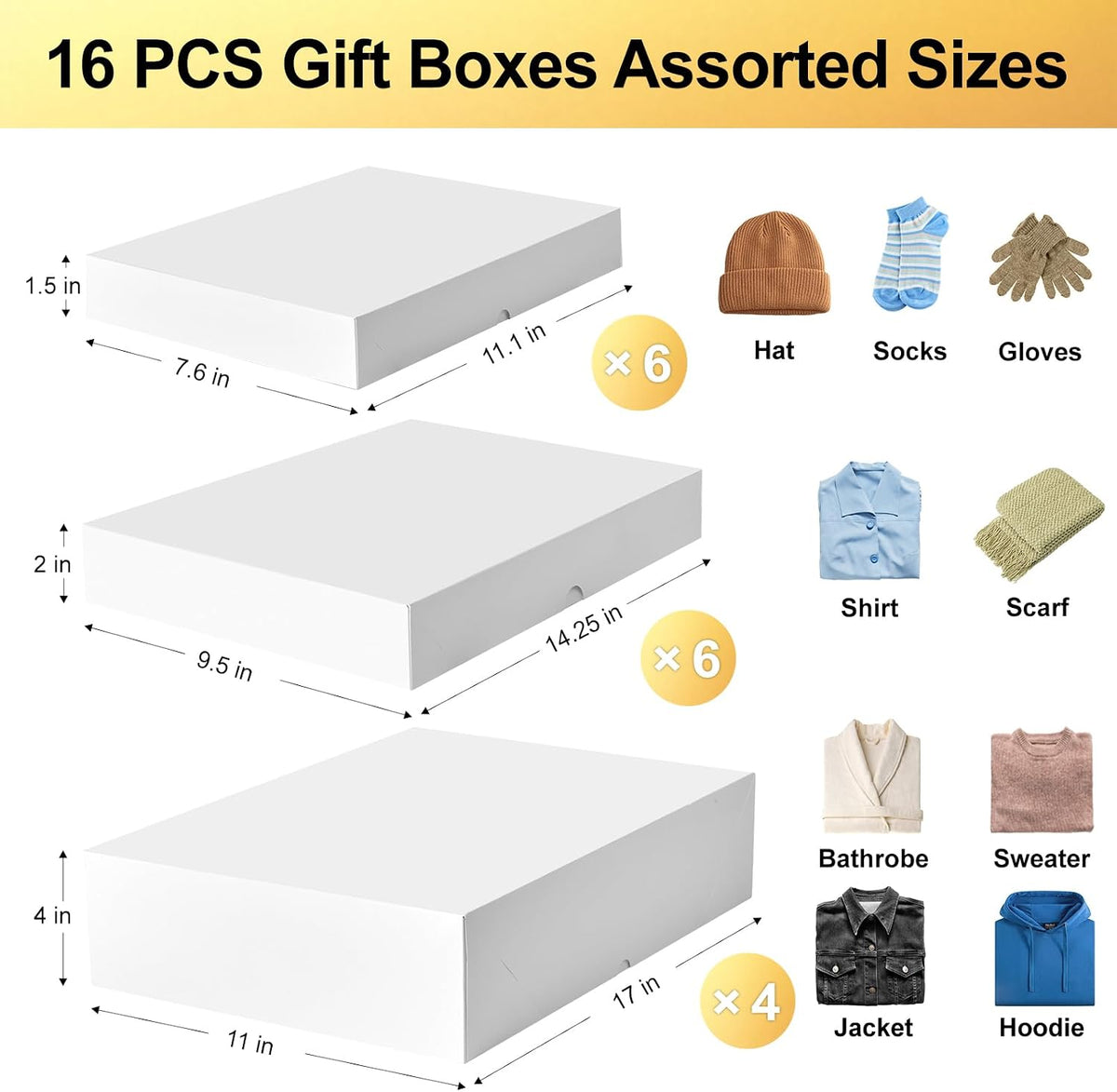 16 Pack White Gift Boxes with Lids, Assorted Sizes