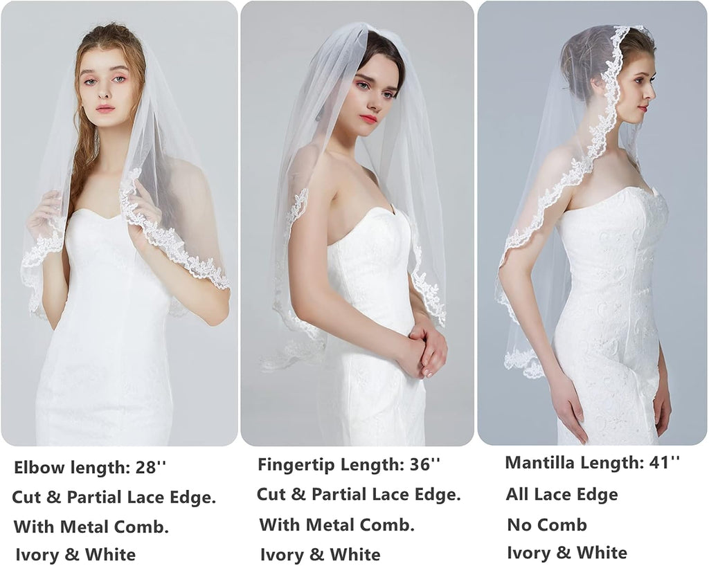 Wedding Bridal Veil with Comb 1 Tier Lace Applique Edge