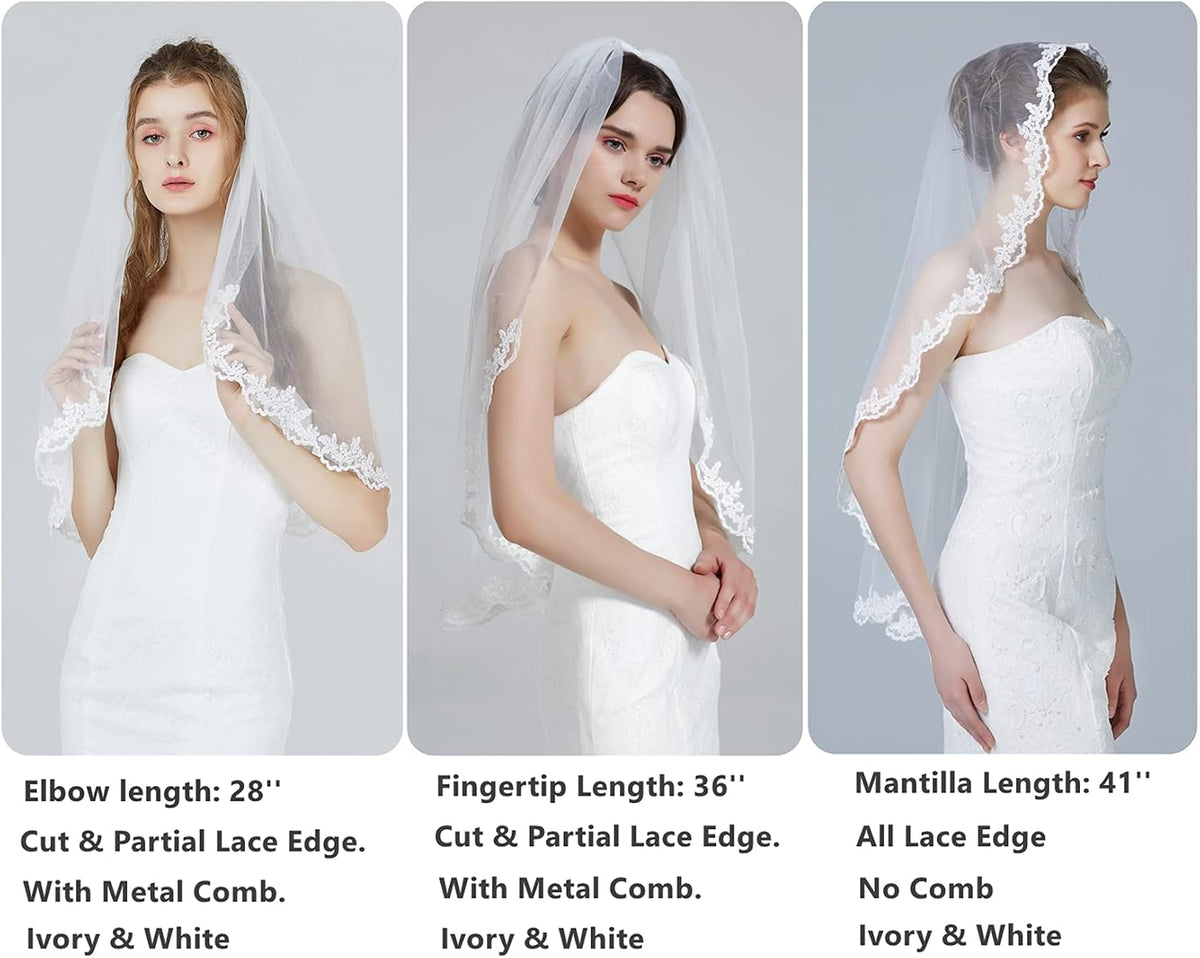 Wedding Bridal Veil with Comb 1 Tier Lace Applique Edge