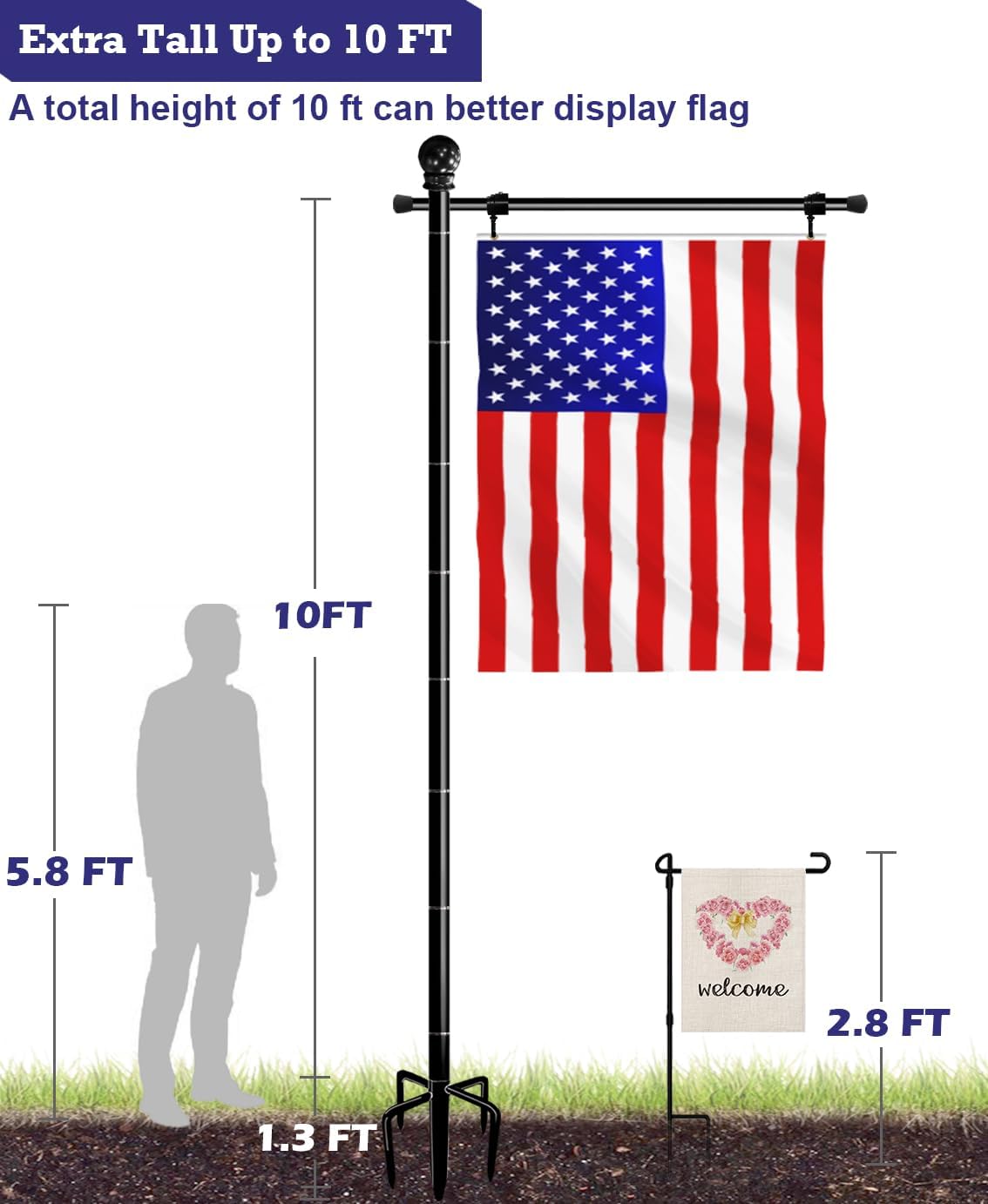 10FT Garden Flag Stand Pole for 3x5 Feet American Flags, Adjustable Flagpole with 5 Spikes Base for Outdoor Yard