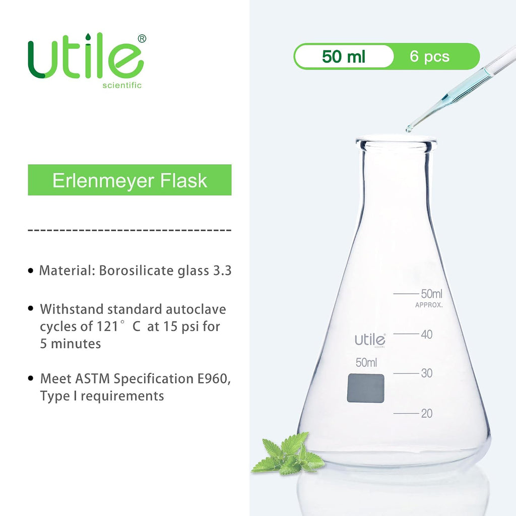 Glass Erlenmeyer Flask Set, 50ml Narrow Mouth Erlenmeyer Flasks, 6pcs of Borosilicate 3.3 Glass Conical Flasks for