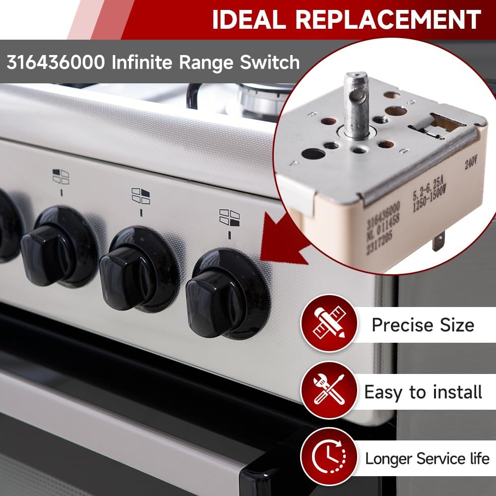 316436000 6" Burner Infinite Switch Replacement for Frigidaire Electrolux Range Compatible with 316021500 1155394 AP3890378 Easy Install Durable Precise Control