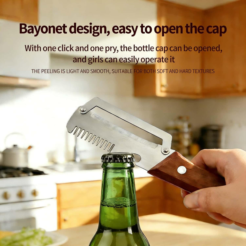 Multifunctional Vegetable Peeler，With wooden handle & bottle opener and grater 3 in 1 kitchen gadgets for potatoes