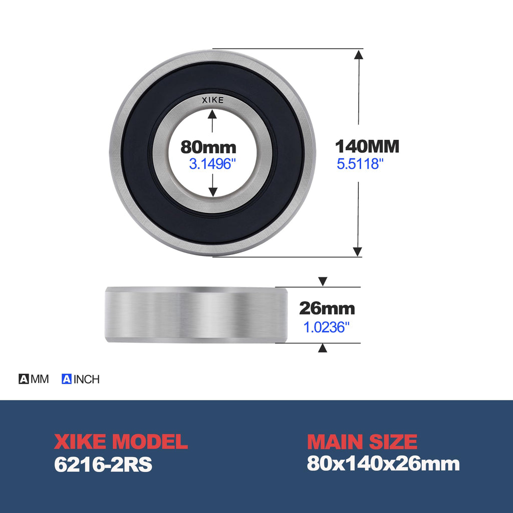 XiKe 6216-2RS Deep Groove Ball Bearing, 80x140x26mm (1-Pack)