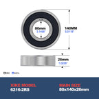 XiKe 6216-2RS Deep Groove Ball Bearing, 80x140x26mm (1-Pack)